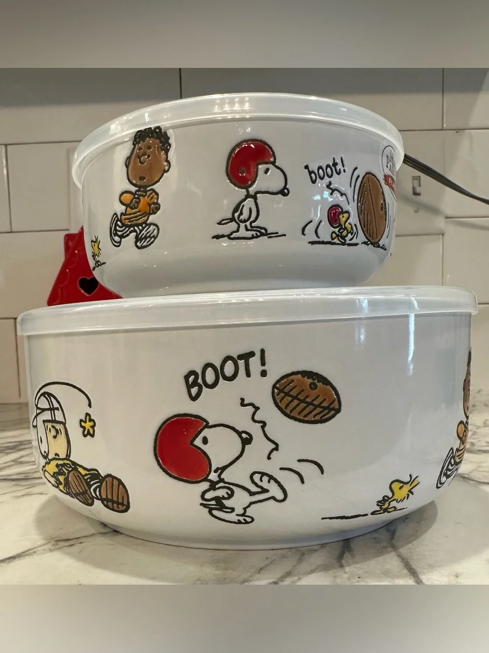 Peanuts Snoopy Football Ceramic Serving Bowl - White with Red Accents with lids.
